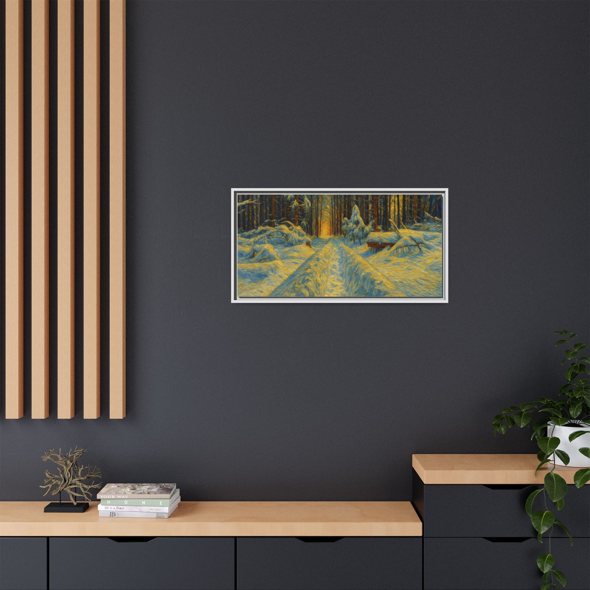 Framed matte canvas print of a snowy forest path at sunset, wall art by Printify with scenic winter landscape.
