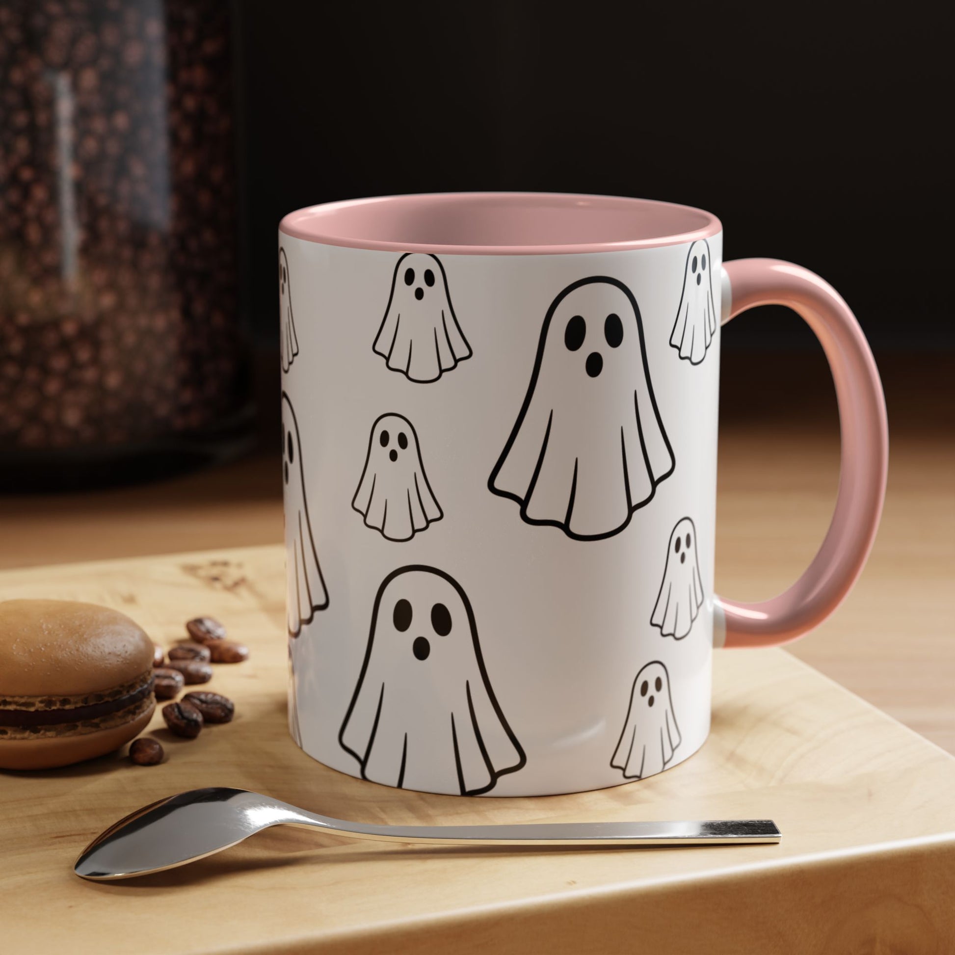 Printify ghost pattern ceramic coffee mug with Halloween-themed design, 11oz or 15oz size, perfect for festive beverages.