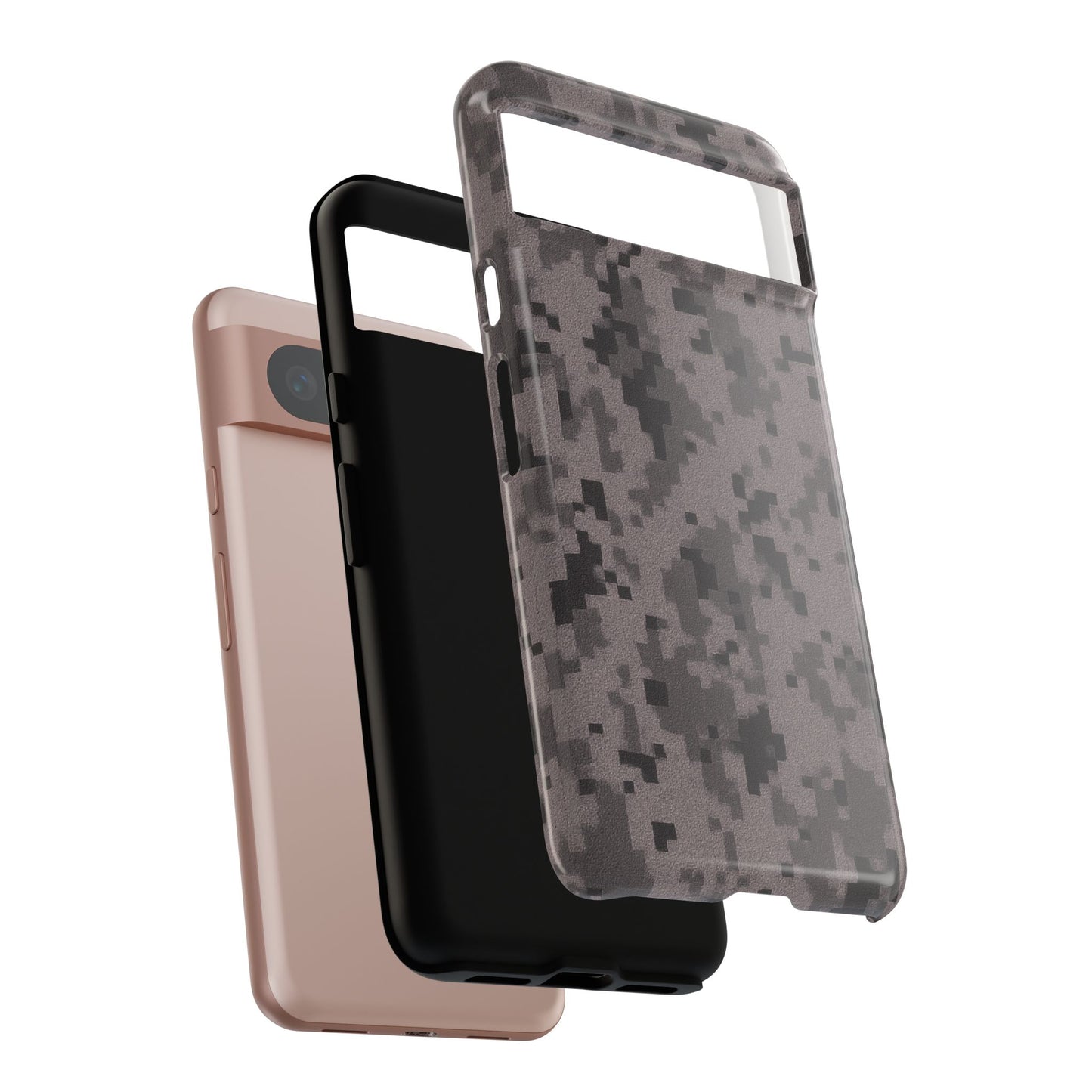 Gray digital camouflage phone case by Printify, tough protective cover fitting smartphones, featuring a modern camo pattern.