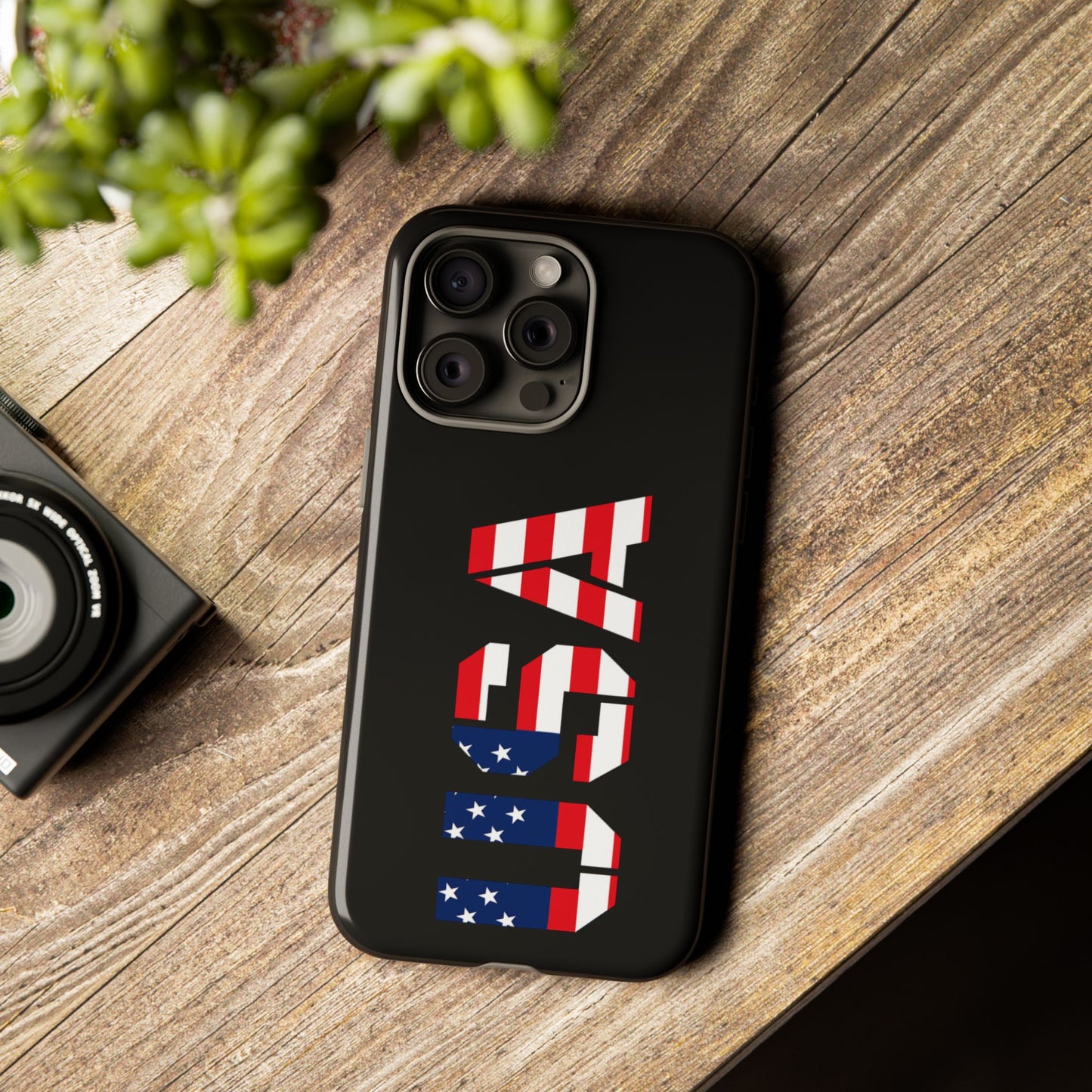 USA patriotic American flag tough phone case by Printify, featuring bold red, white, and blue flag design for iPhone or Android.