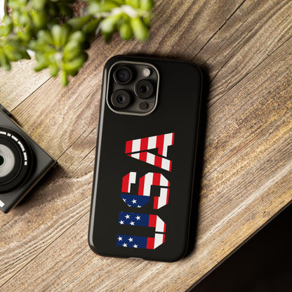 USA patriotic American flag tough phone case by Printify, featuring bold red, white, and blue flag design for iPhone or Android.