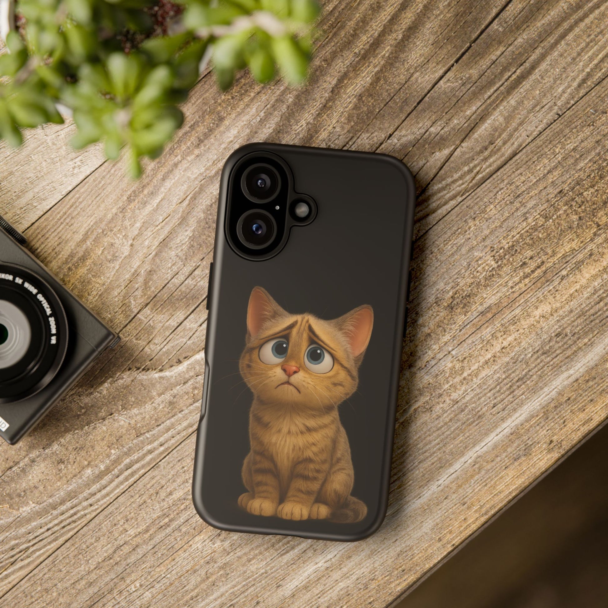 Cute sad kitty print phone case for iPhone, protective and stylish cat-themed accessory from Printify.