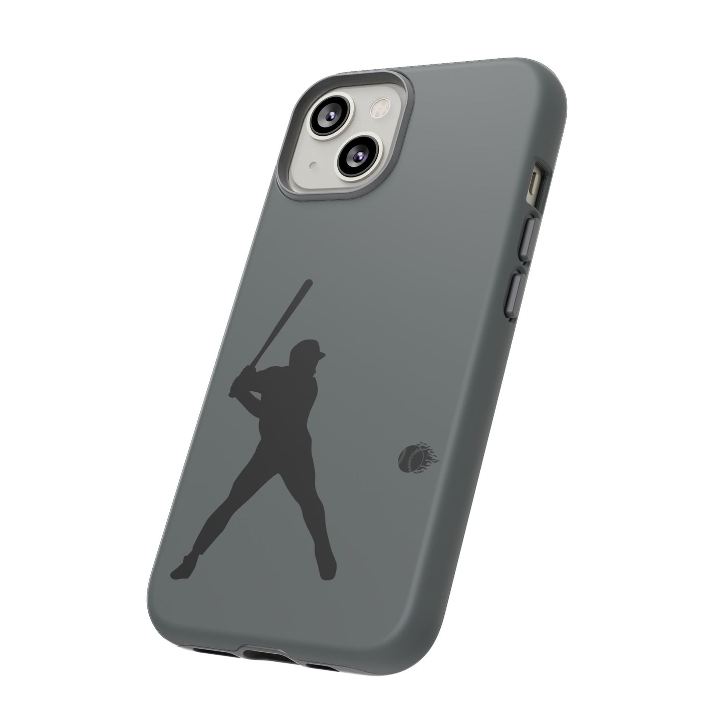 Black baseball silhouette tough phone case for iPhone, protective sporty design by Printify shown on a smartphone.