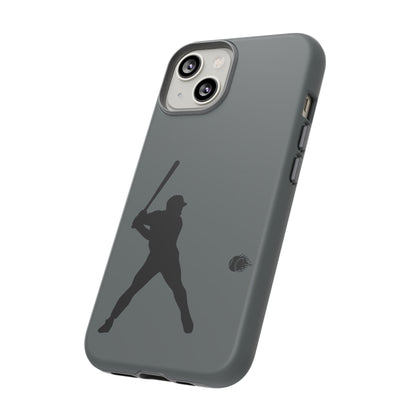 Black baseball silhouette tough phone case for iPhone, protective sporty design by Printify shown on a smartphone.