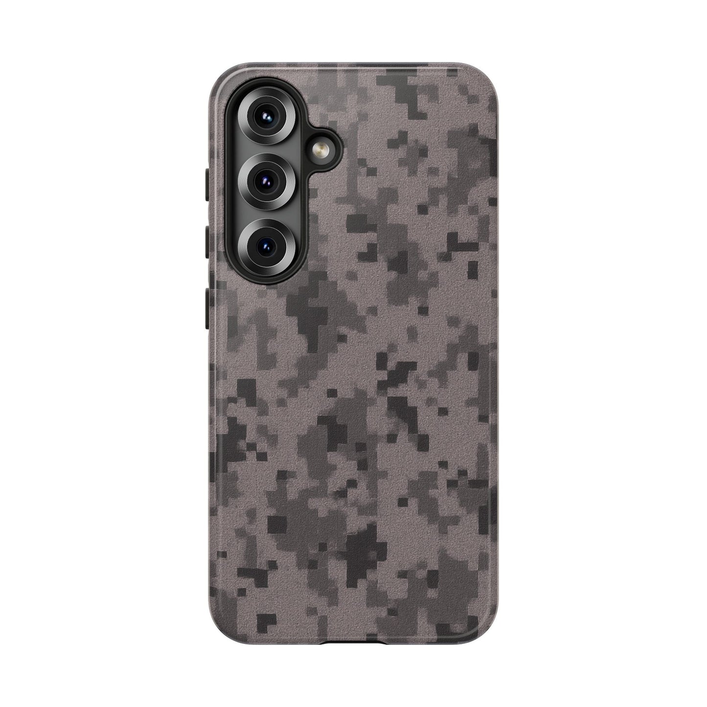 Gray digital camouflage phone case by Printify, tough protective cover for smartphones with a rugged camouflage design.
