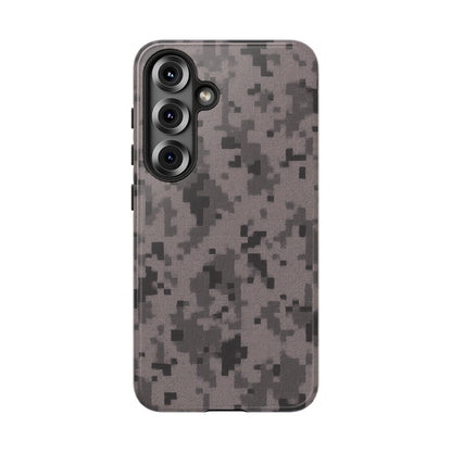 Gray digital camouflage phone case by Printify, tough protective cover for smartphones with a rugged camouflage design.
