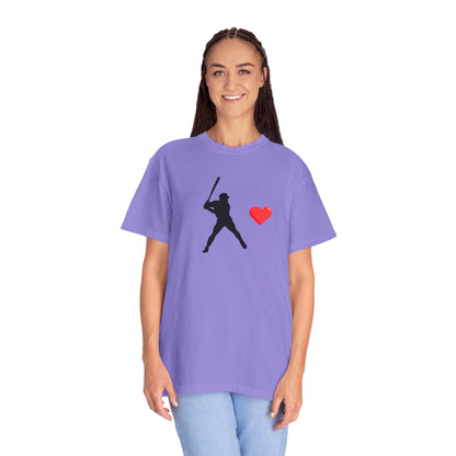 Baseball Batter Heart T-Shirt by Printify featuring a graphic of a heart with baseball bat silhouettes on a casual T-shirt.
