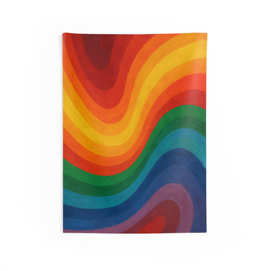 Colorful rainbow wave tapestry by Printify, featuring retro psychedelic design, ideal for living rooms, dorms, or studios.