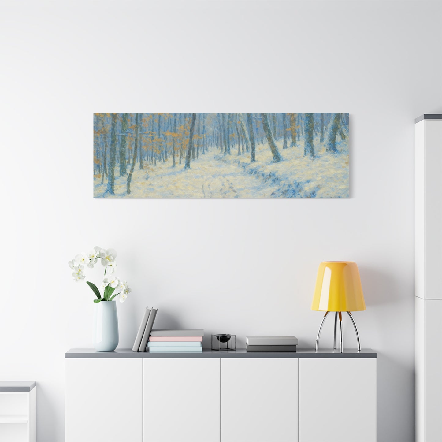 Winter woodland canvas print by Printify featuring a snowy forest scene on matte stretched wall art.