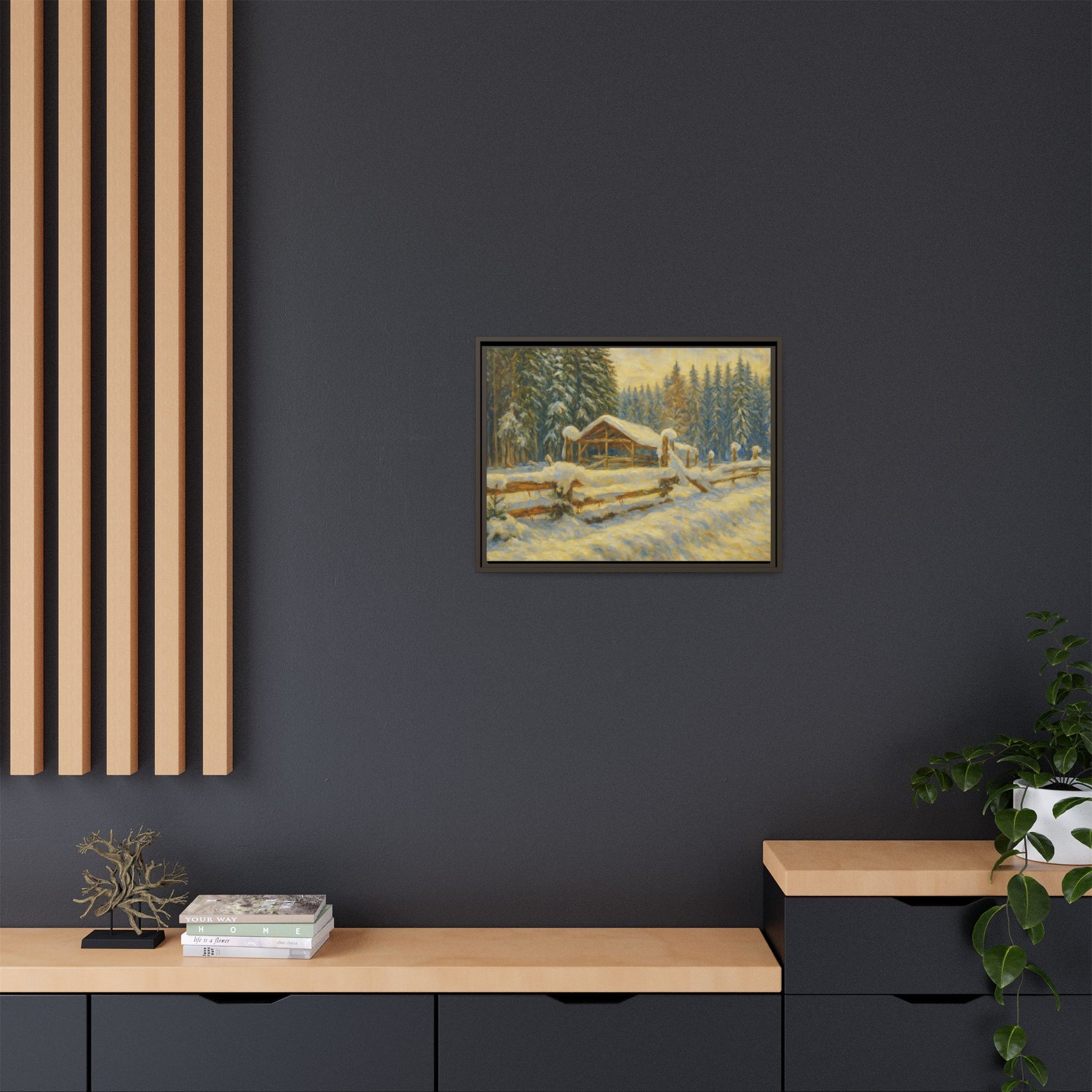 Snowy cabin winter landscape canvas wall art by Printify, featuring a cozy cabin scene in a snowy forest setting.