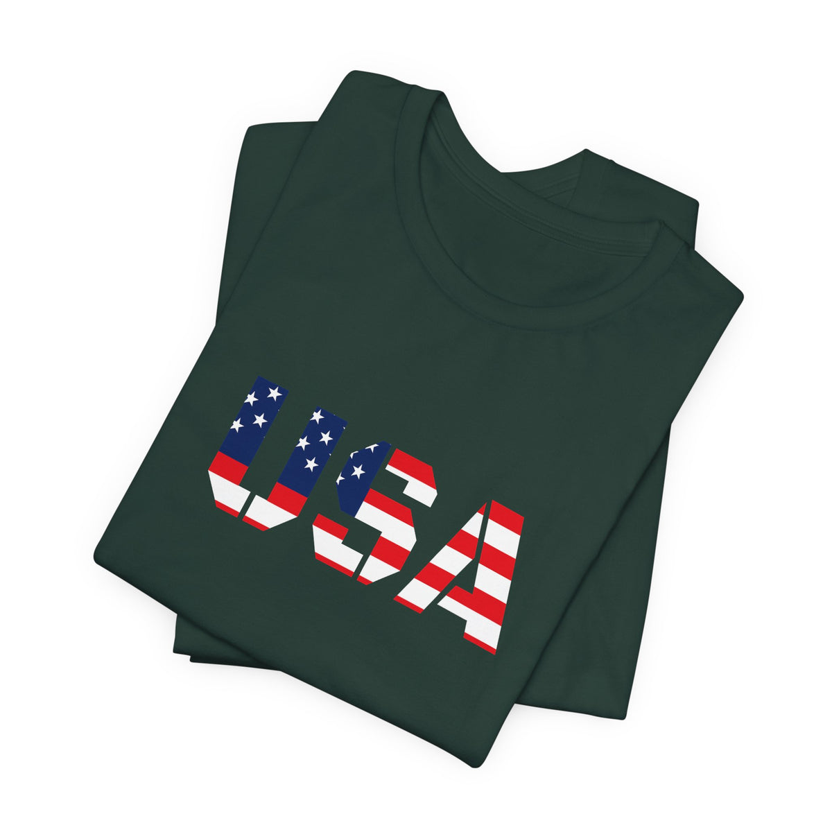 USA flag text T-shirt by Printify featuring patriotic design for Fourth of July, casual cotton T-shirt with bold flag graphic.