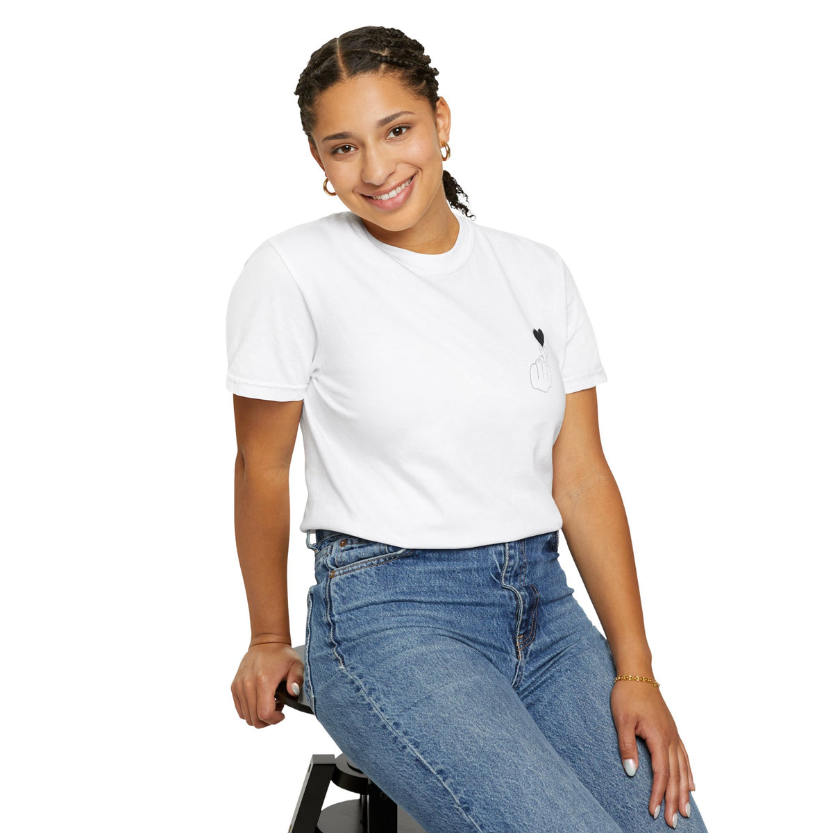Black T-shirt with minimal white finger heart graphic, casual Printify men's or women's tee, soft cotton fabric.