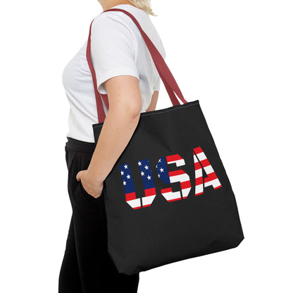 Patriotic USA flag tote bag by Printify, reusable summer carryall with red, white, and blue stars and stripes for 4th of July.