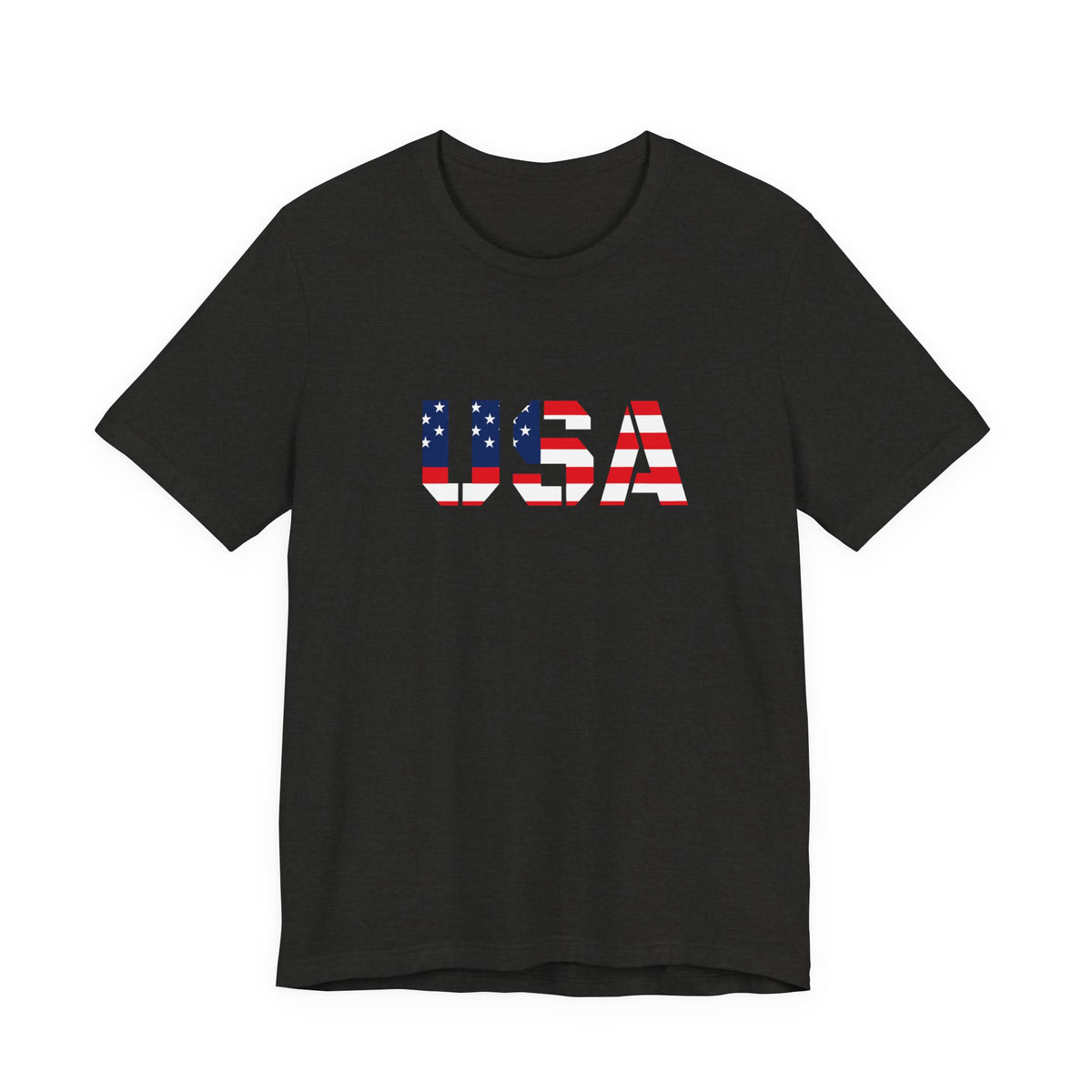 USA flag text T-shirt by Printify featuring patriotic red, white, and blue design for Fourth of July celebrations.