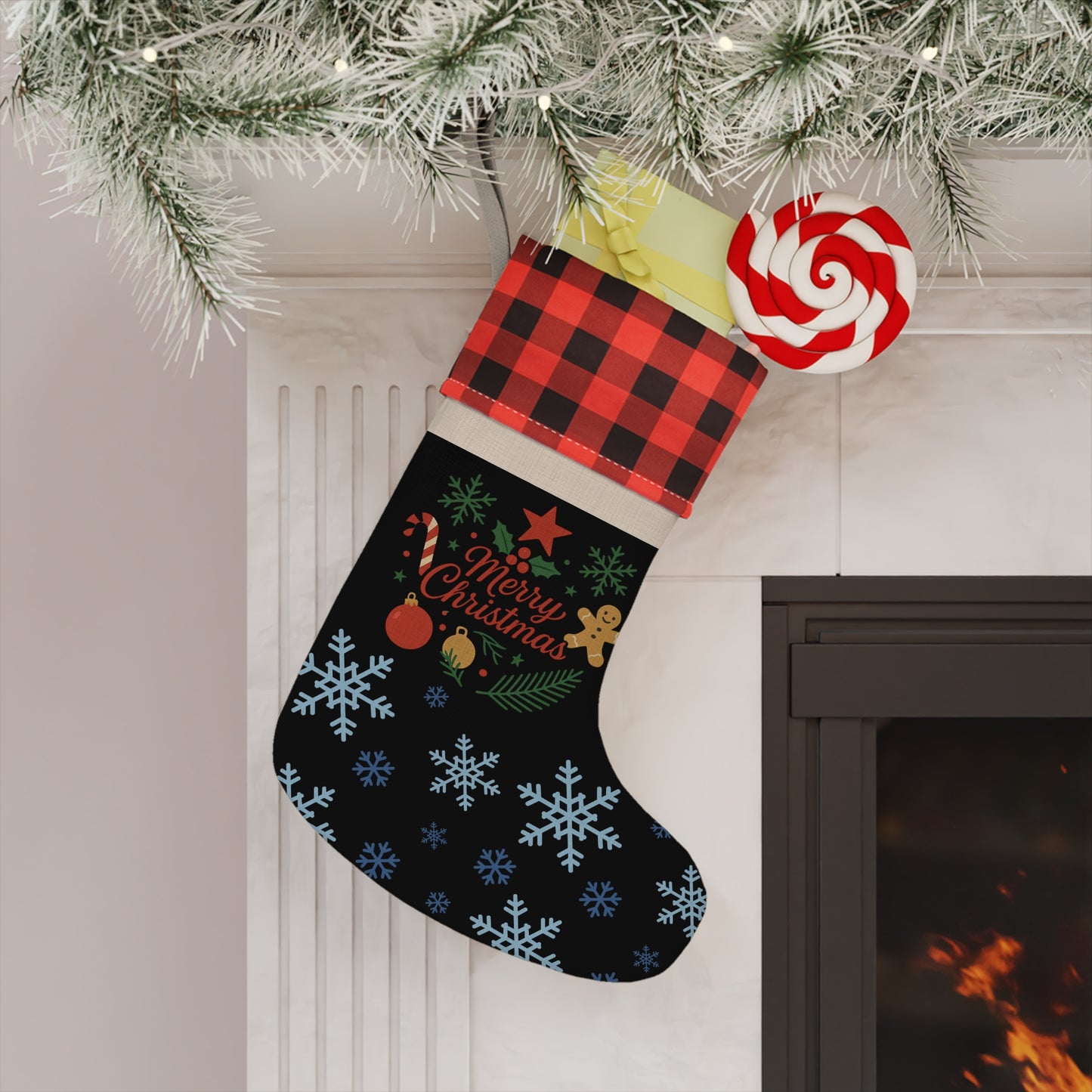 Printify Christmas ornament and snowflake decorations on a buffalo plaid cuff stocking, festive holiday ornament with winter design.