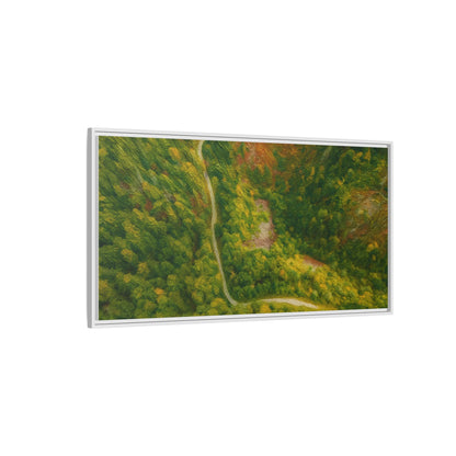 Multicolor framed matte canvas wall art featuring an aerial forest path landscape, ideal for home decor.