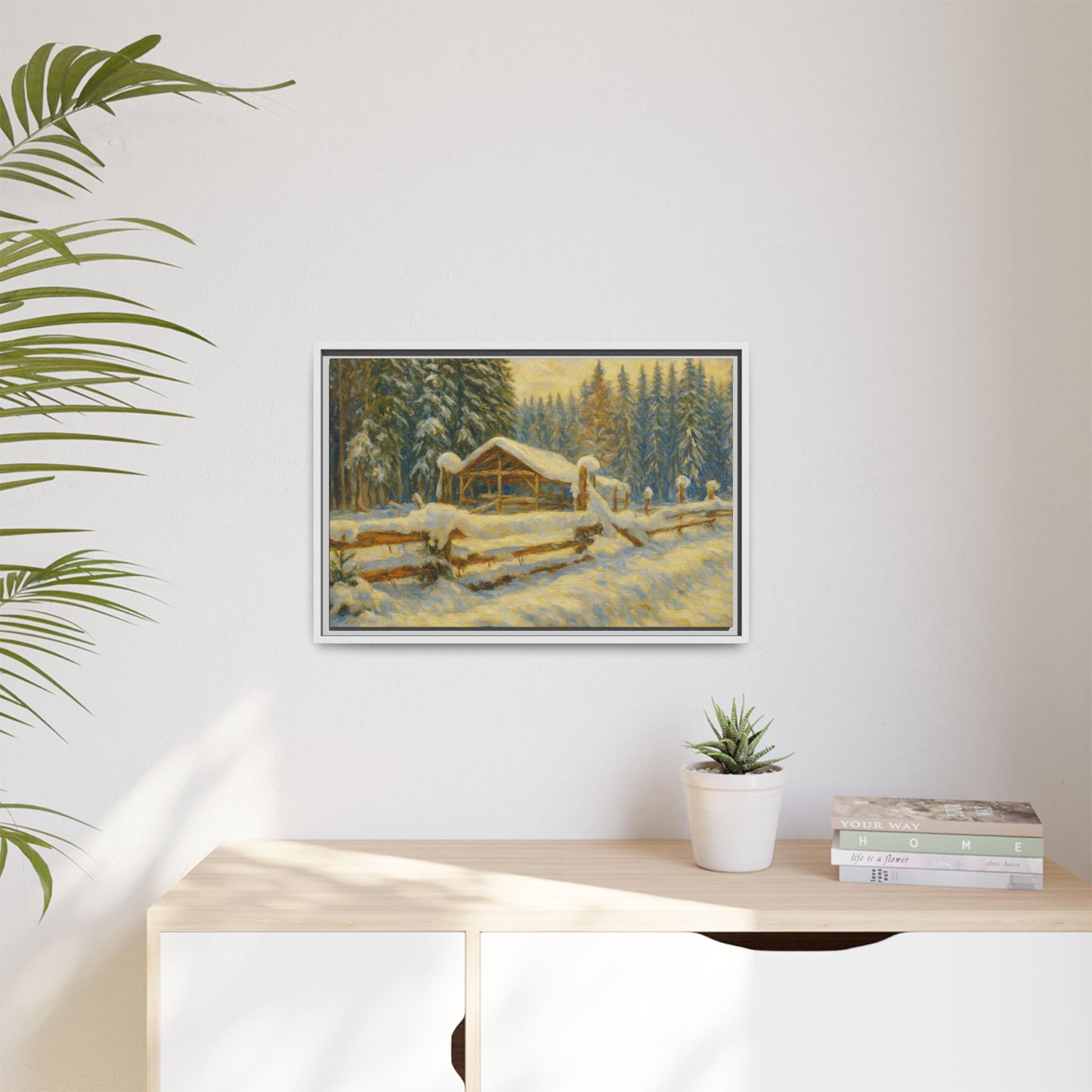 Snowy cabin winter landscape canvas wall art framed print by Printify showcasing a cozy cabin in a snowy forest scene.