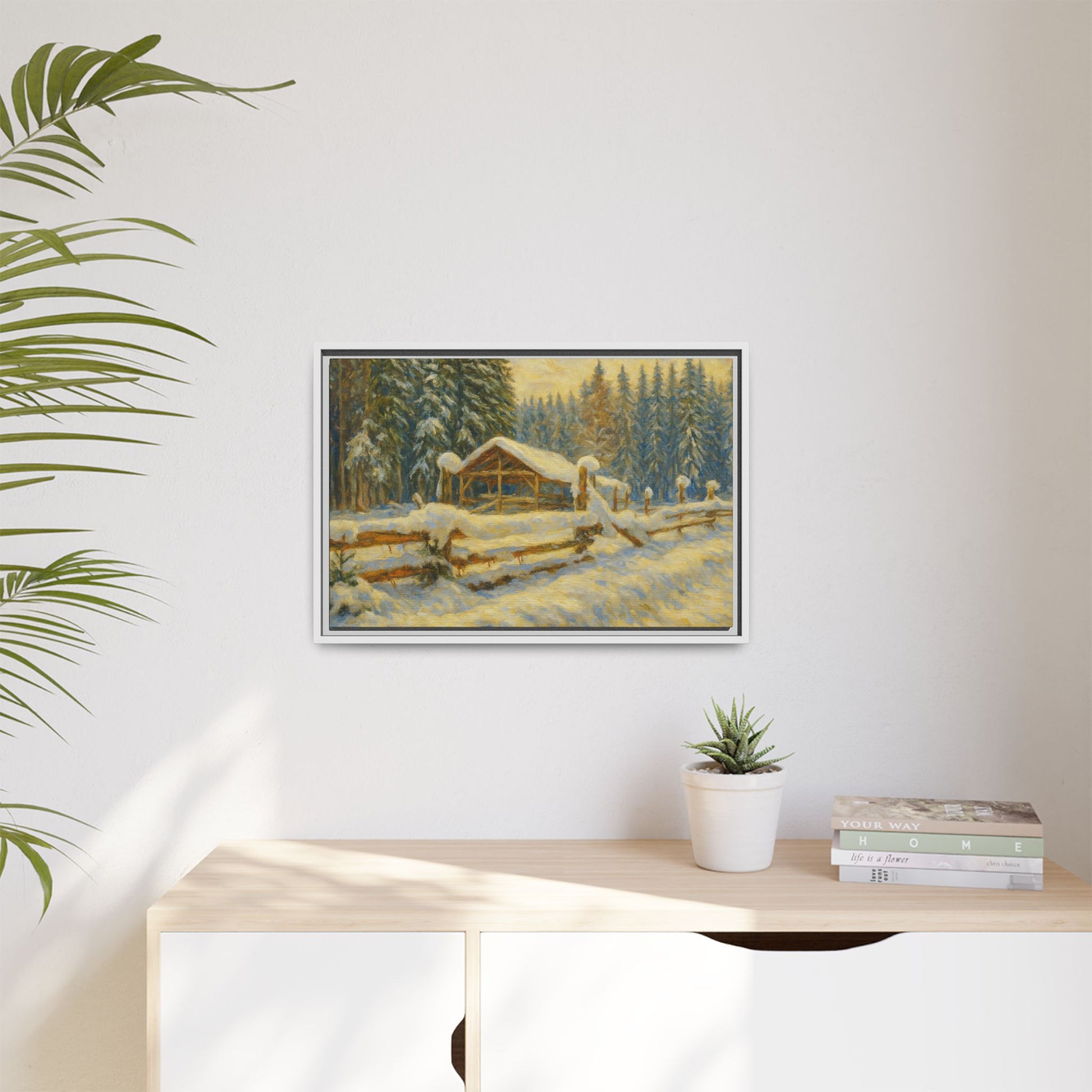 Snowy cabin winter landscape canvas wall art framed print by Printify showcasing a cozy cabin in a snowy forest scene.