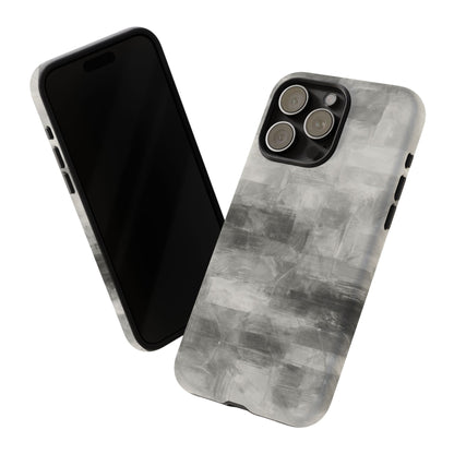 Gray abstract grid phone case for iPhone, tough protective cover by Printify with geometric pattern design.