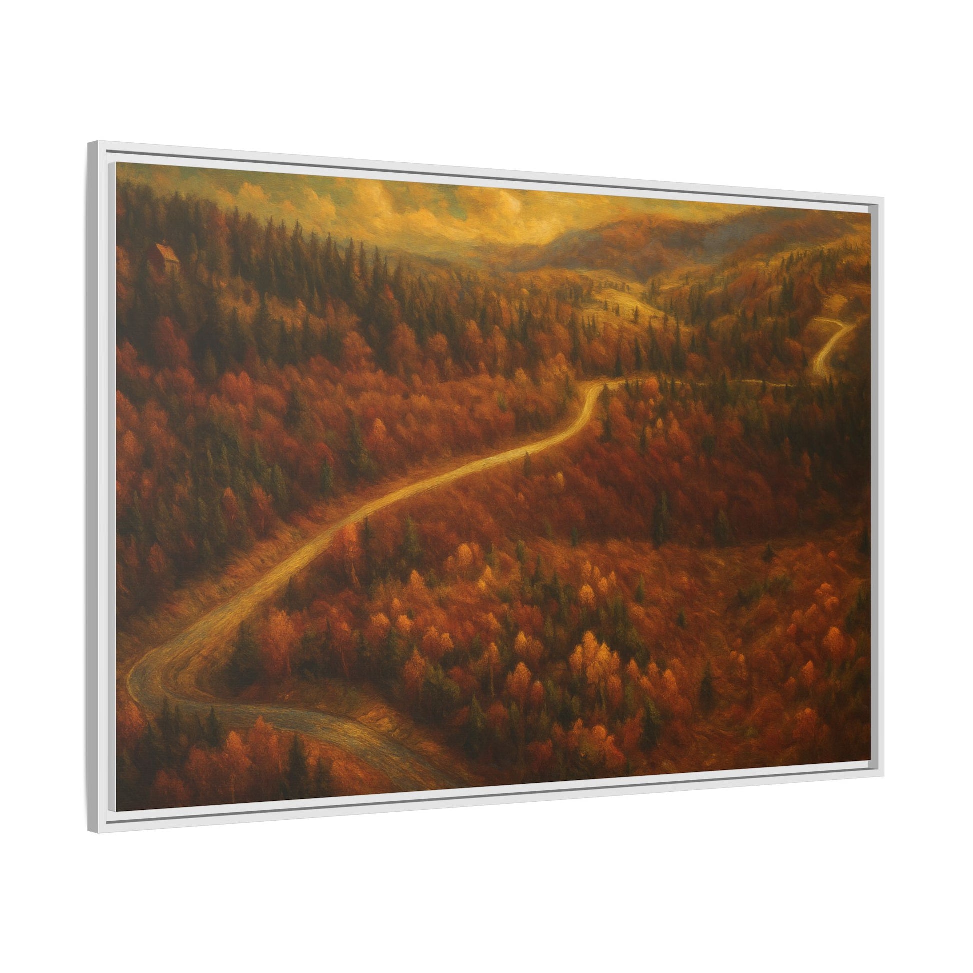 Framed matte canvas print of autumn forest road landscape wall art by Printify, showcasing vibrant fall colors and natural scenery.