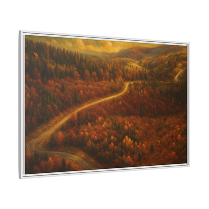 Framed matte canvas print of autumn forest road landscape wall art by Printify, showcasing vibrant fall colors and natural scenery.