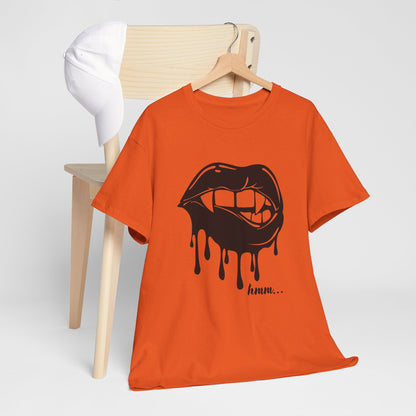 Graphic T-shirt featuring dripping lips and 'hmm...' bite design by Printify, with bold red lips and artistic print on front.