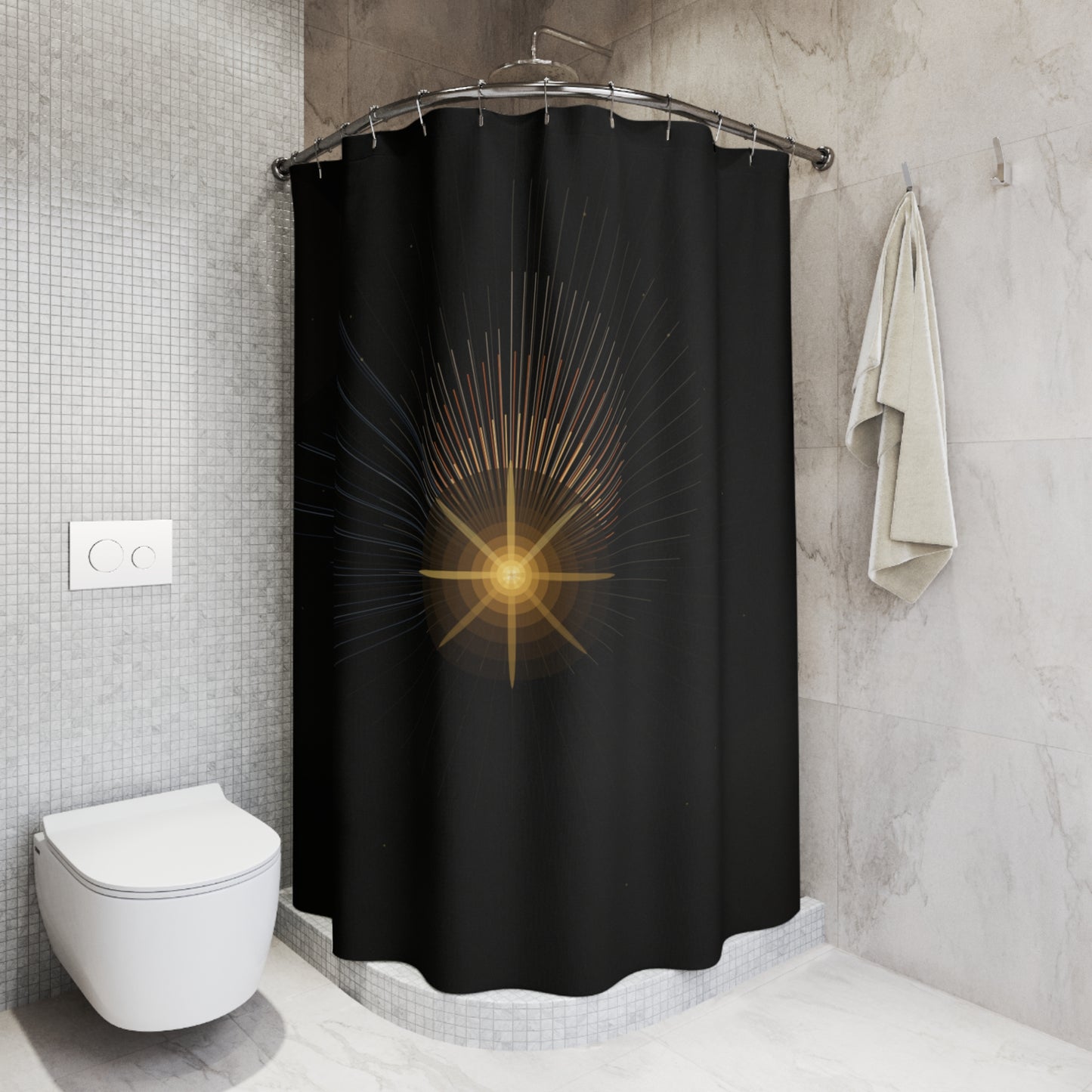 Radiant Starburst Shower Curtain | Black Gold Sunburst Bathroom Decor