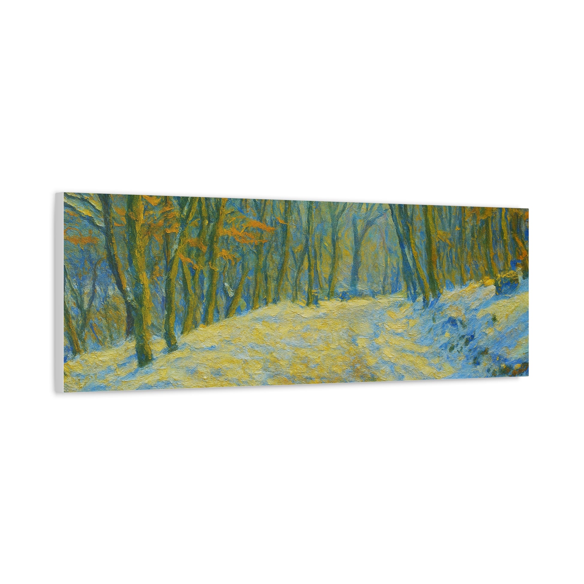 Winter landscape canvas wall art by Printify featuring a cozy nature scene, perfect for living room decor.