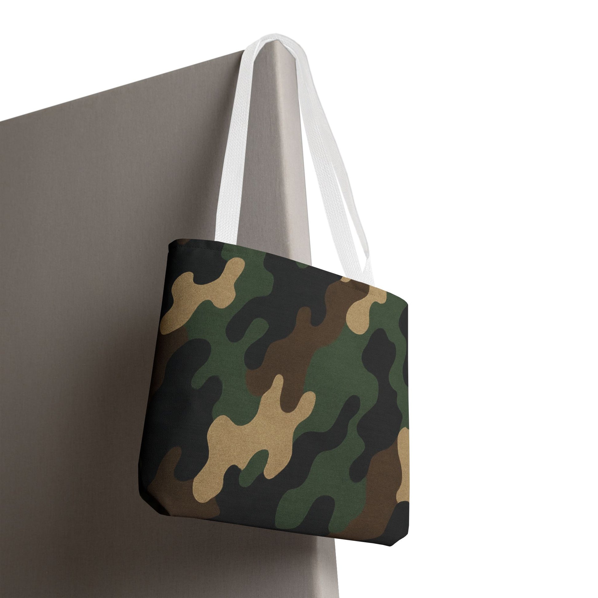 Camo pattern tote bag made of canvas, Printify all-over print carryall with rugged camo design and spacious interior.