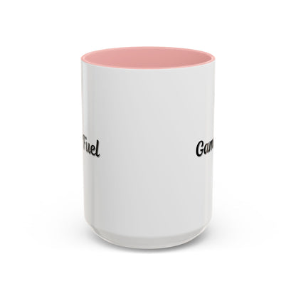 Printify Gamer Fuel coffee mug with accent design, 11oz or 15oz size, featuring a bold gaming-themed graphic on a ceramic mug.