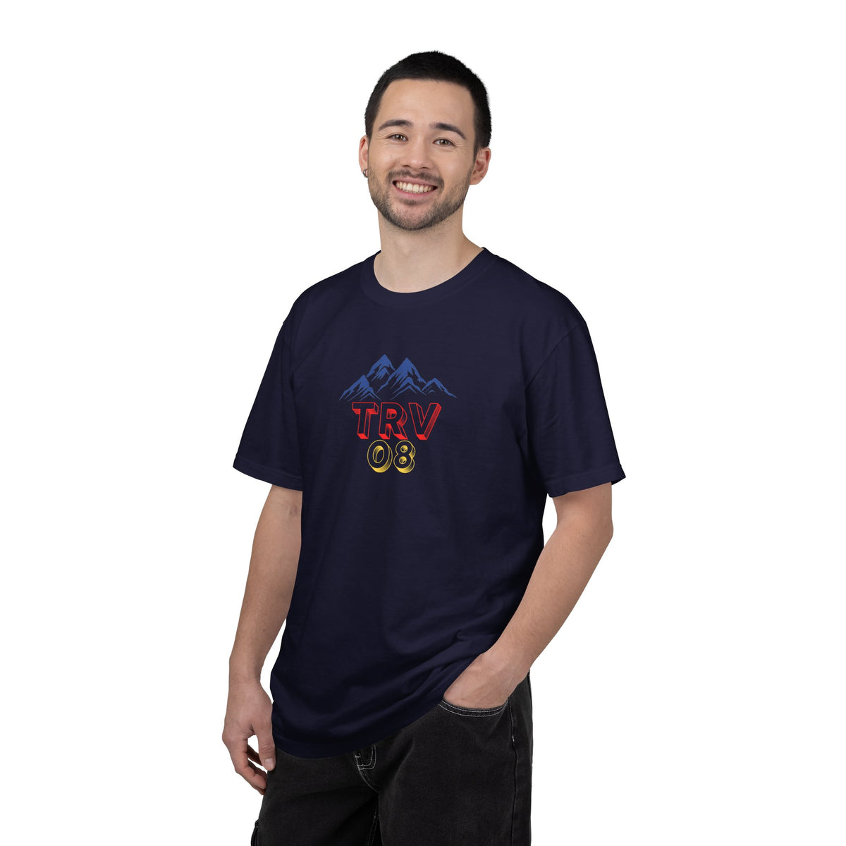 Unisex garment-dyed T-shirt with TRV08 Logo print, casual style, made by Printify, shown in white with logo on front.