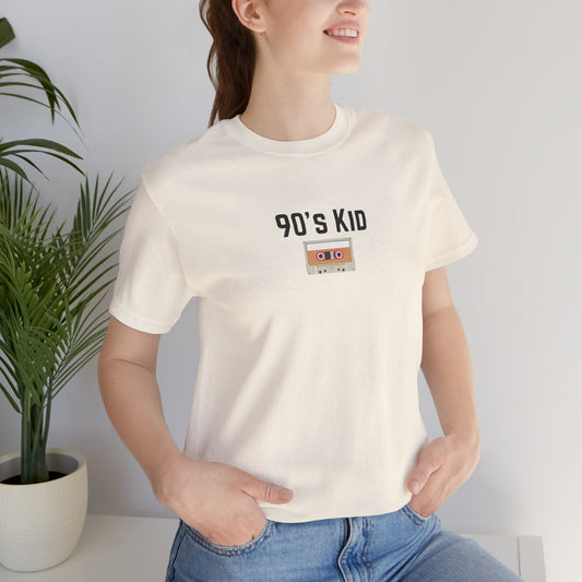90's Kid cassette T-shirt by Printify showing a retro design on a casual cotton T-shirt.