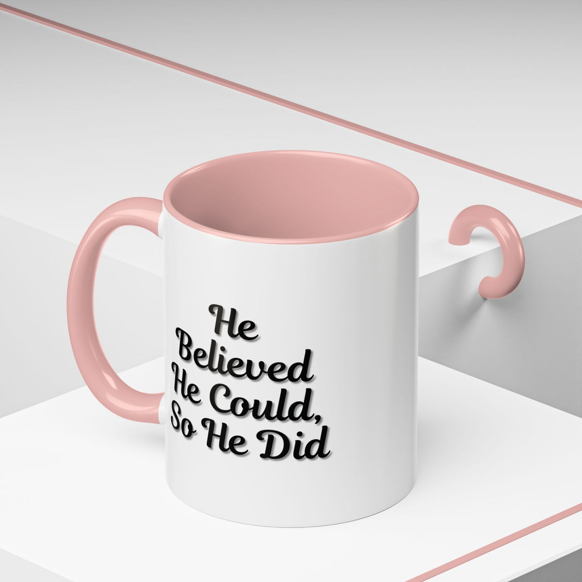 Printify inspirational coffee mug with "He Believed He Could So He Did" quote, ceramic mug for motivational beverages.