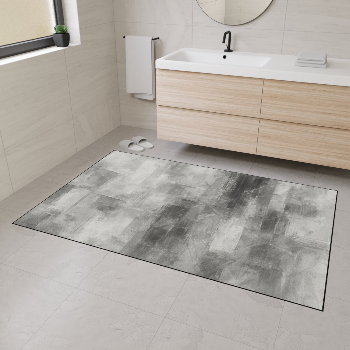 Modern abstract print floor mat by Printify, heavy-duty rug for kitchen or entryway, with colorful abstract design on durable surface.