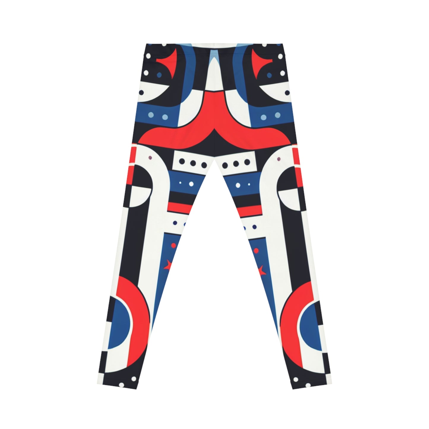 Red, white, and blue geometric tribal print leggings with all-over print design from Printify activewear collection.