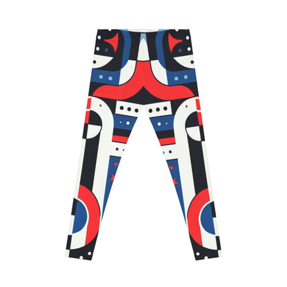 Red, white, and blue geometric tribal print leggings with all-over print design from Printify activewear collection.
