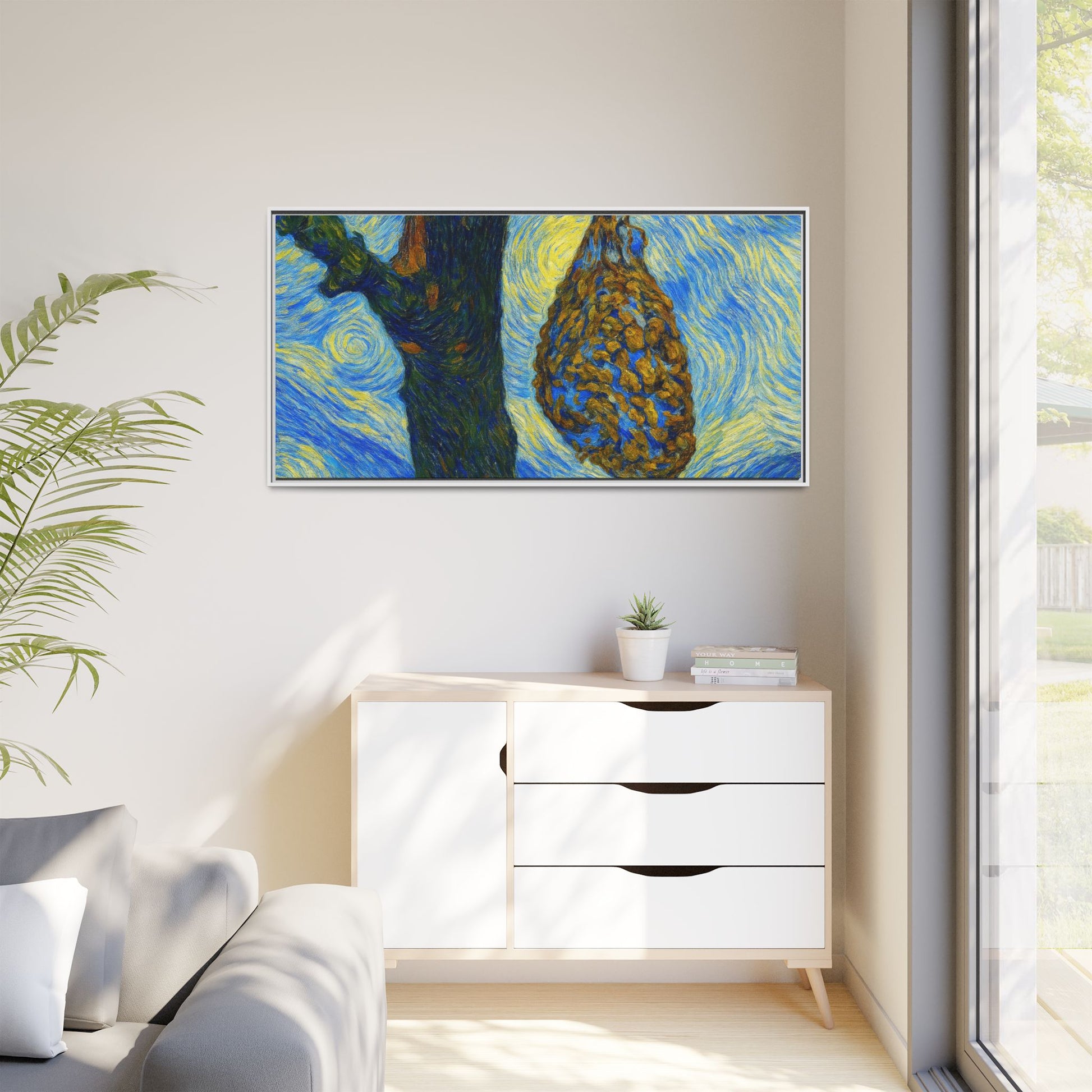 Framed matte canvas art of a starry nut cluster with dried plum hues, showcasing detailed botanical artwork by Printify