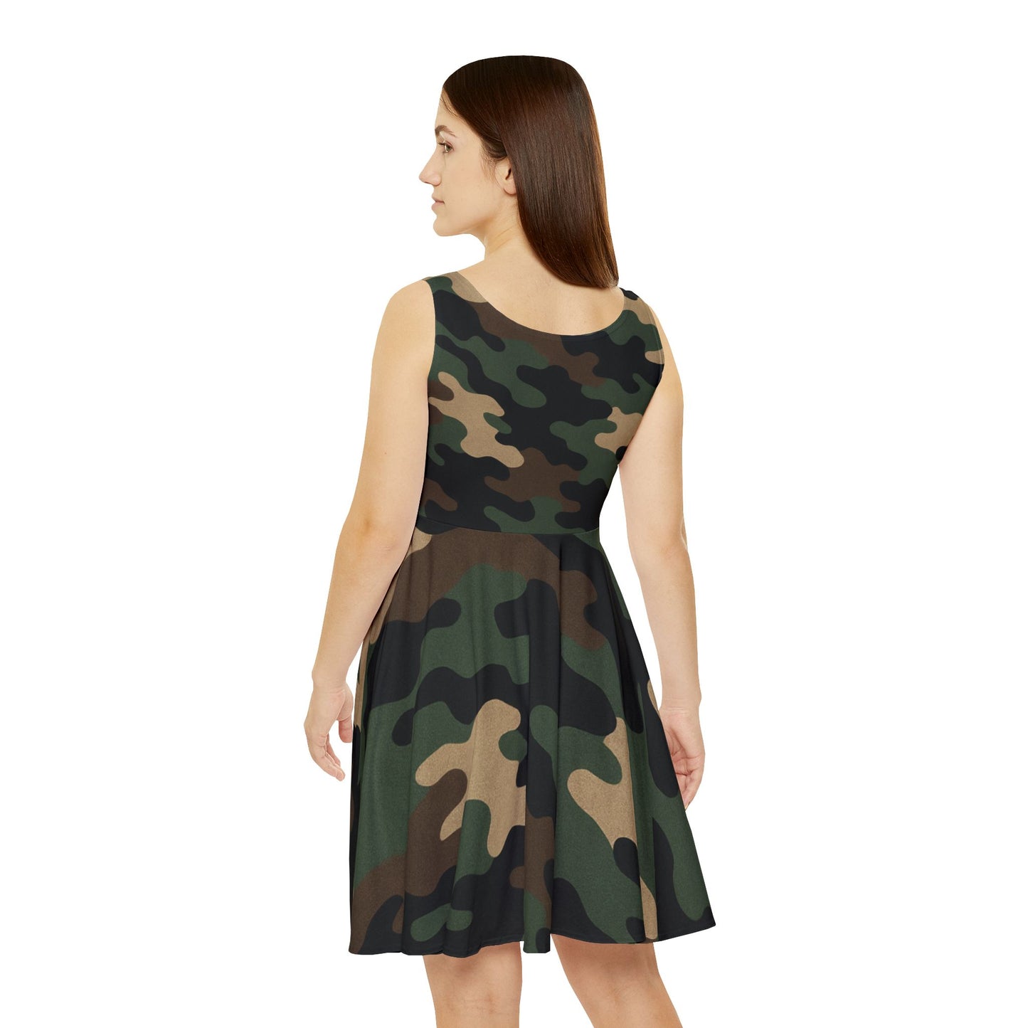 Camo skater dress for women with all-over print, casual summer party dress, by Printify, shown on a model.