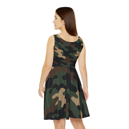 Camo skater dress for women with all-over print, casual summer party dress, by Printify, shown on a model.