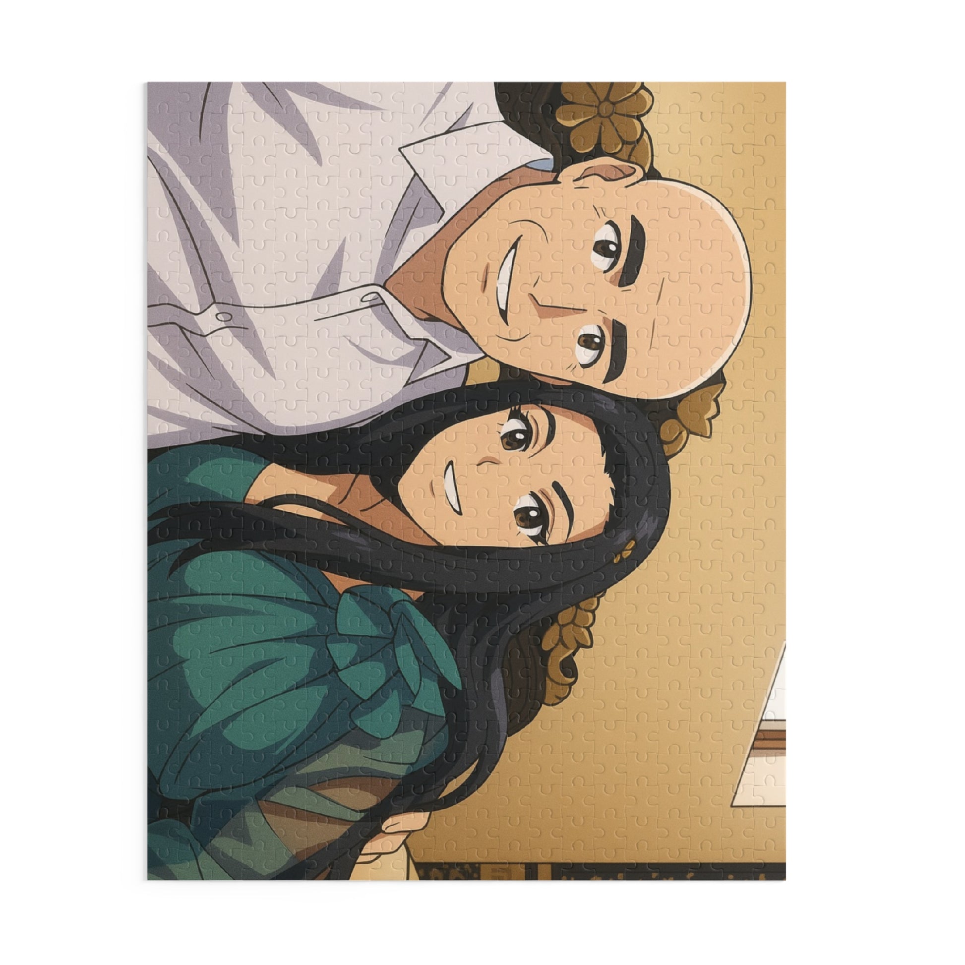 Custom anime couple portrait puzzle featuring 120, 252, or 500 pieces, designed by Printify with colorful anime-style artwork.