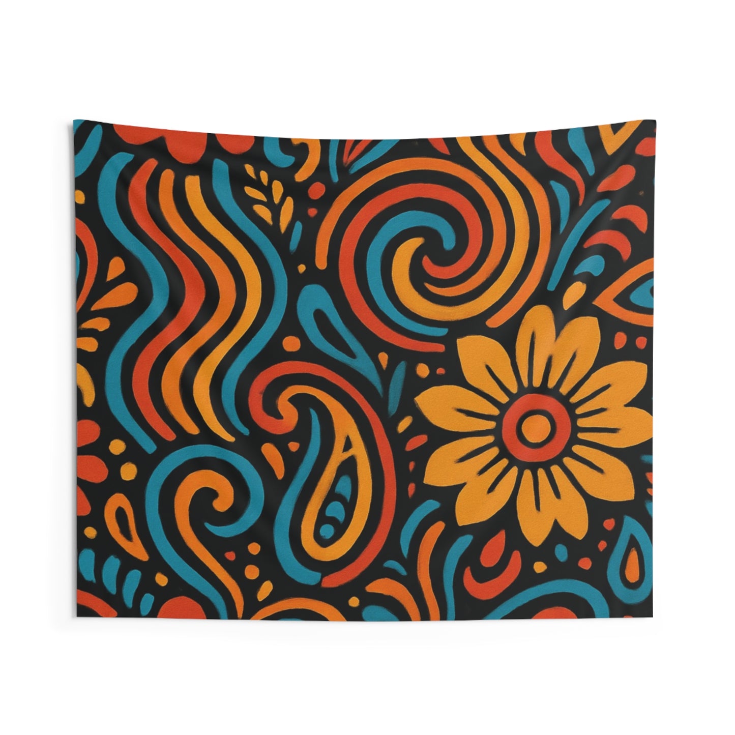 Boho Floral Tapestry — Retro Swirl Wall Hanging (Orange, Teal, Yellow)