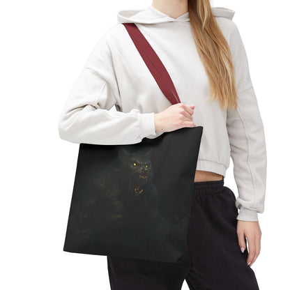 Werewolf tote bag featuring dark Halloween art, ideal for horror fans, made by Printify, showing the detailed wolf design on the bag.