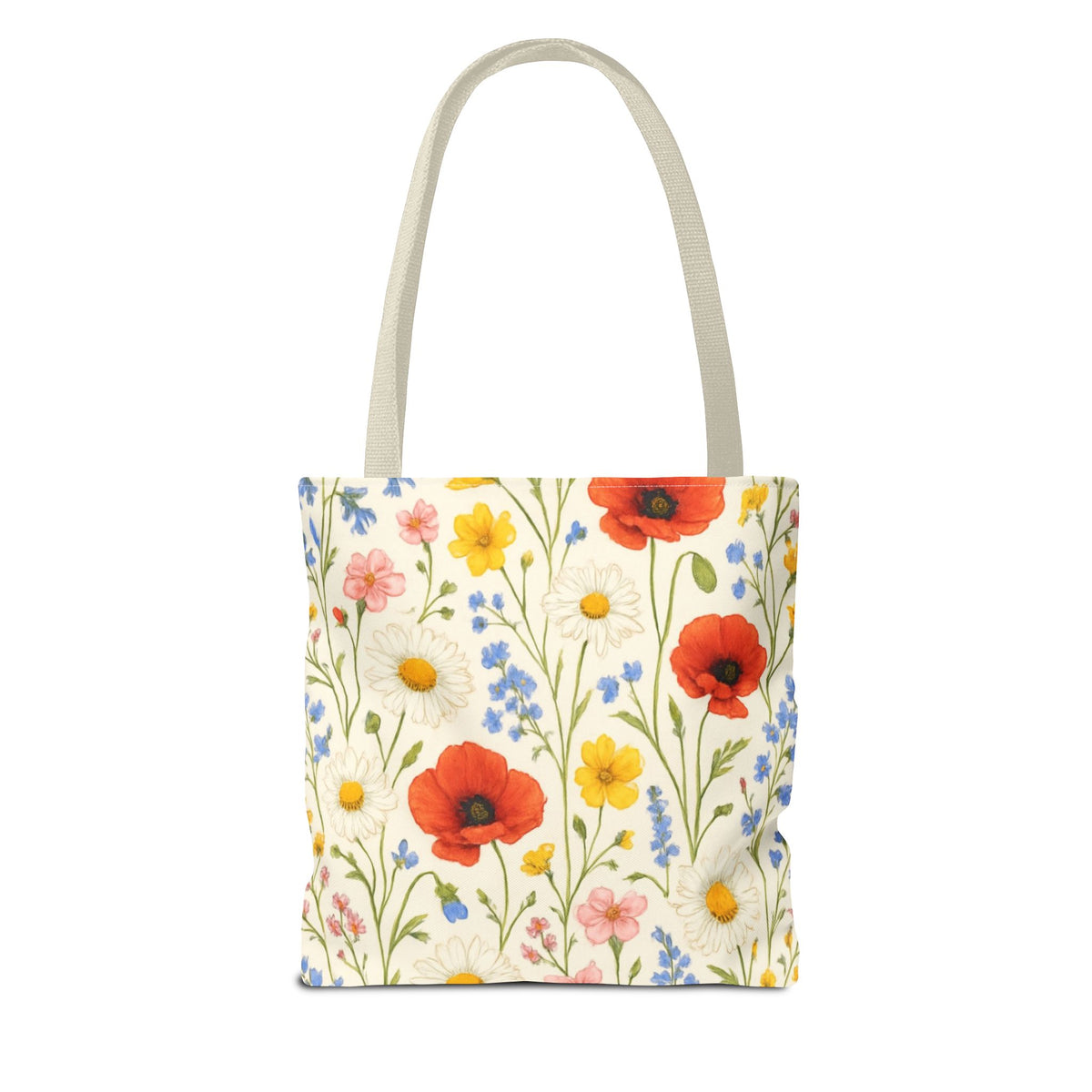 Wildflower poppy print tote bag by Printify featuring a colorful floral all-over pattern on durable fabric.