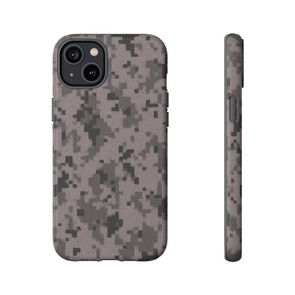 Gray digital camouflage phone case by Printify, rugged protective cover for smartphones with tough, durable design.