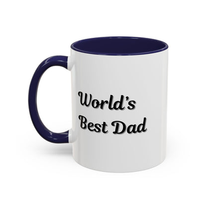 Black trim coffee mug with "World's Best Dad" accent design, available in 11oz and 15oz sizes, by Printify.