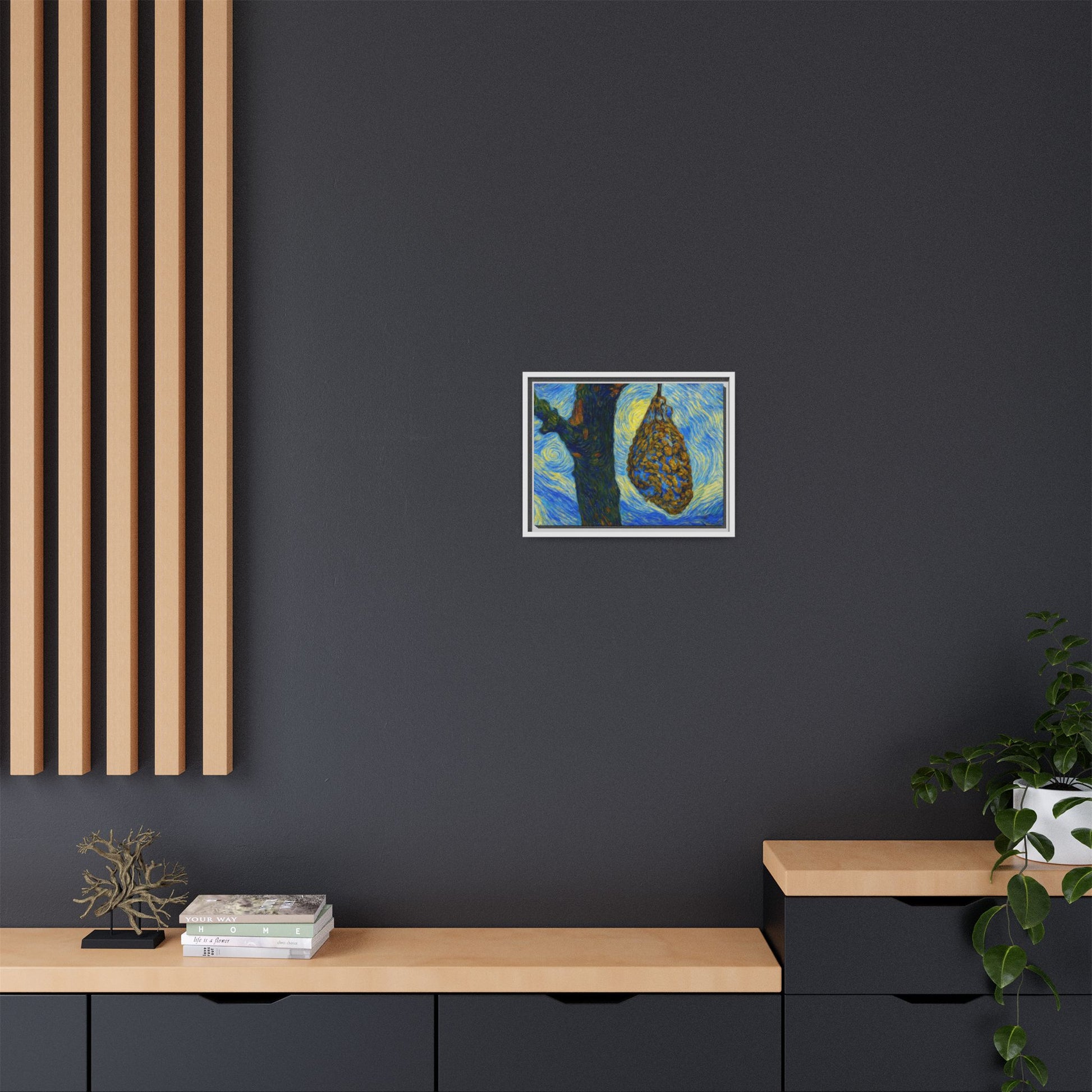 Framed matte canvas art of a starry nut cluster with dried plum colors, showcasing detailed botanical imagery by Printify.