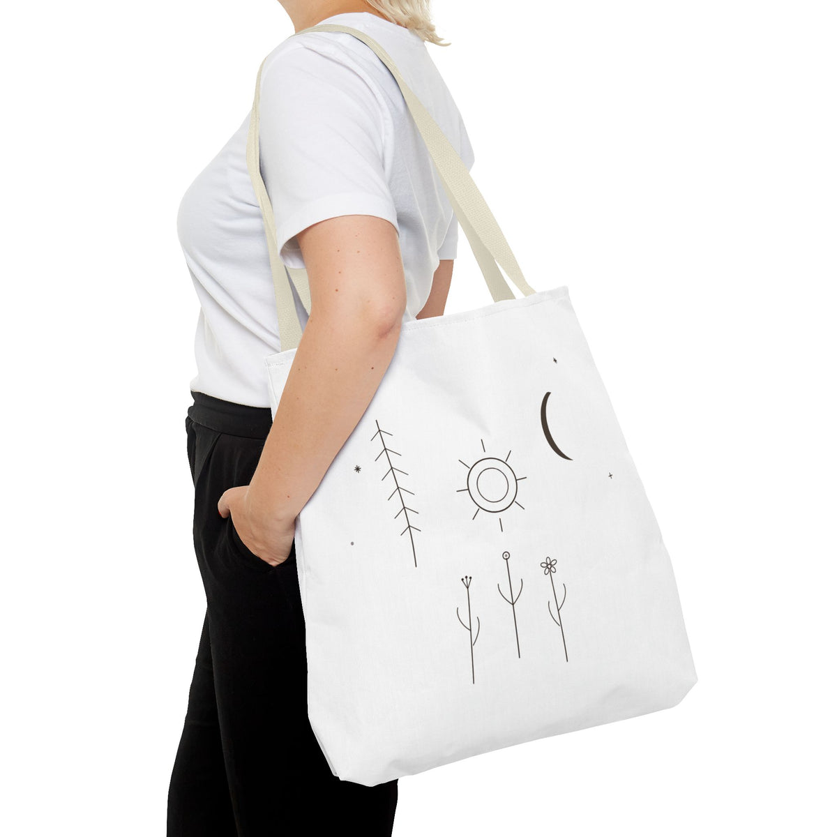 Minimal moon and sun botanical tote bag with celestial line art design, printed by Printify, showcasing a stylish and eco-friendly bag.