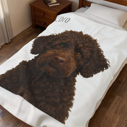 Custom brown Labradoodle portrait blanket with velveteen plush fabric featuring all-over print design.