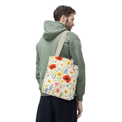 Wildflower Poppy print tote bag by Printify featuring a vibrant floral all-over pattern on durable fabric.