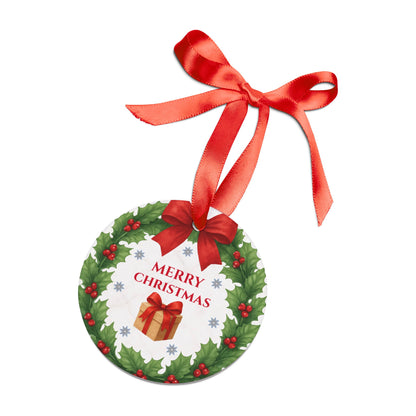 Round acrylic Merry Christmas wreath ornament by Printify featuring festive holiday design for Christmas decorations.